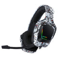 K20 RGB luminous wired gaming headset with cloth earmuffs and braided cable in camouflage grey.