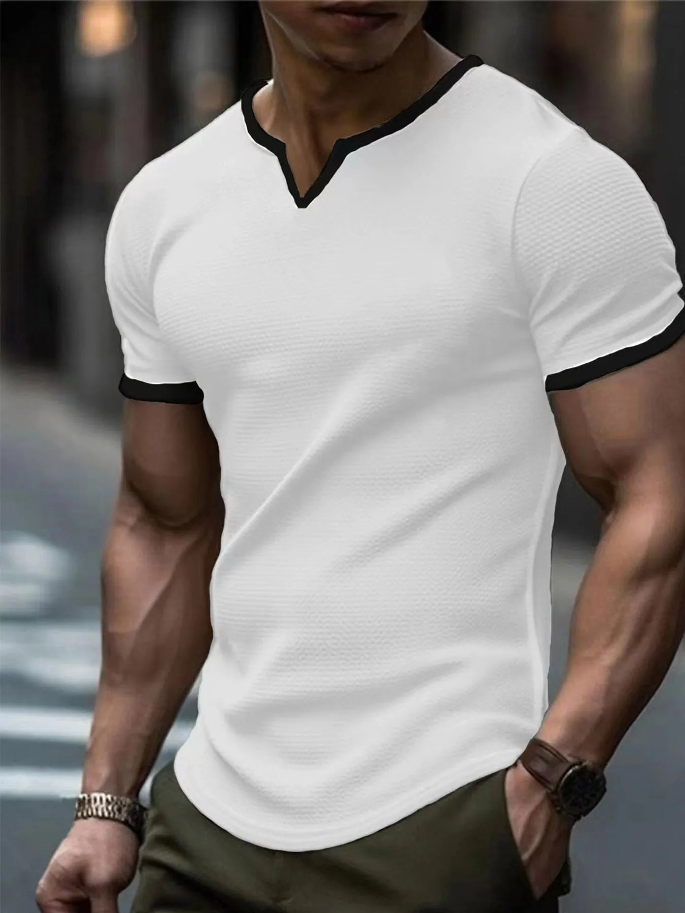 Colour-block V-neck outdoor sports waffle t-shirt in army green, polyester short-sleeve top
