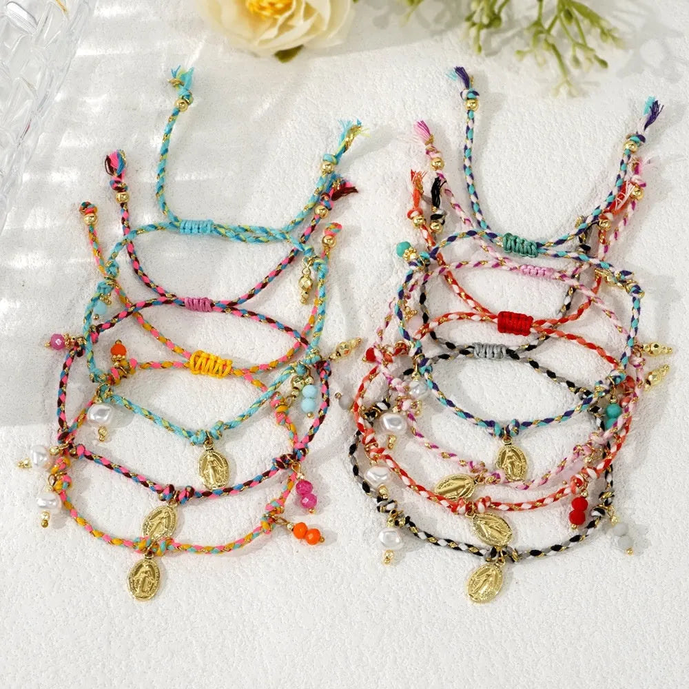 Close-up of a colourful hand-woven braided rope bracelet for women in ethnic style.