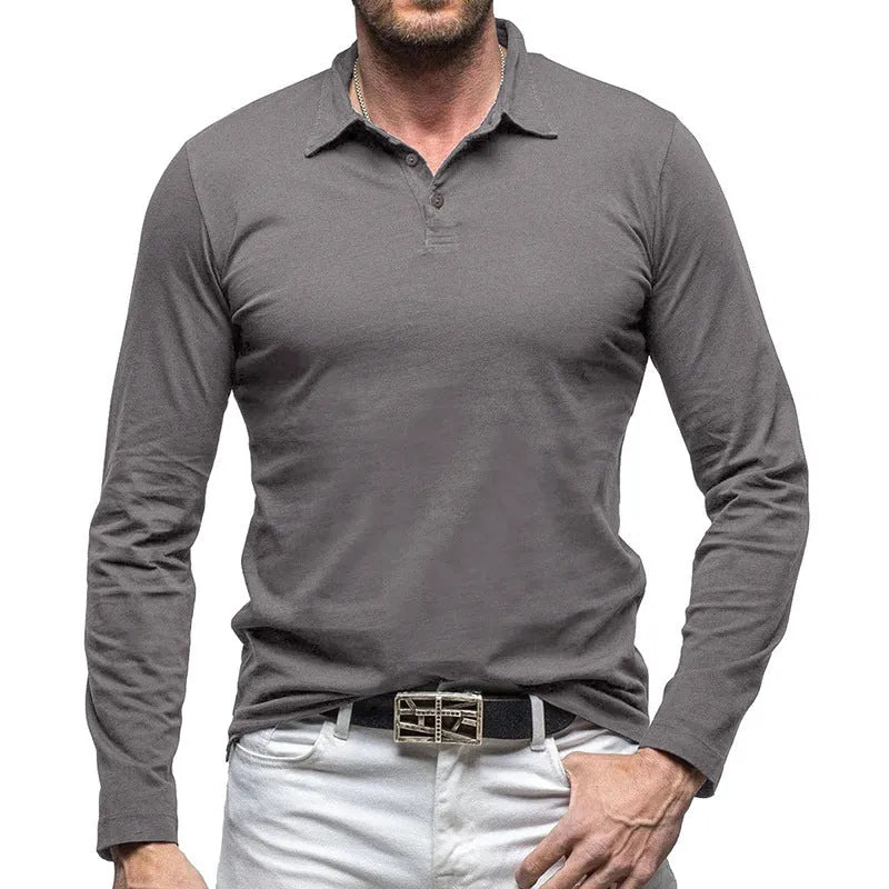 Men's long sleeve cotton t-shirt with a polo collar in an American retro style, shown in Dark Grey.