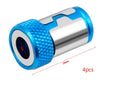 Light blue magnetic screwdriver bit with slotted head and high-carbon steel construction