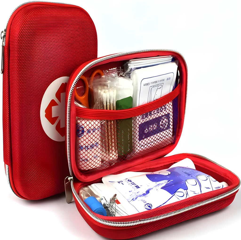 Red plastic survival medical kit emergency storage box with 18 first aid pieces including scissors and bandages