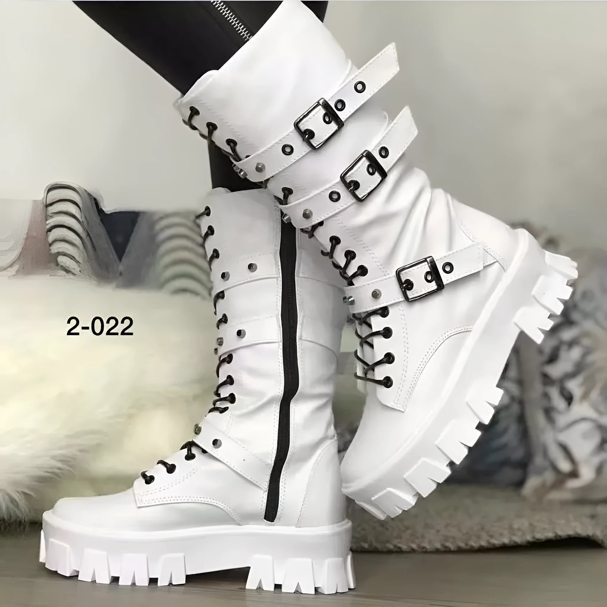 Women's black mid-calf knight boots with metal buckles and side zipper