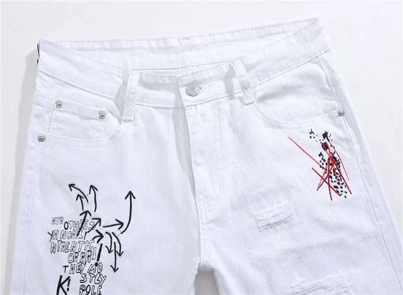 White shredded embroidery jeans for women cotton denim straight leg ankle length high waist distressed pants