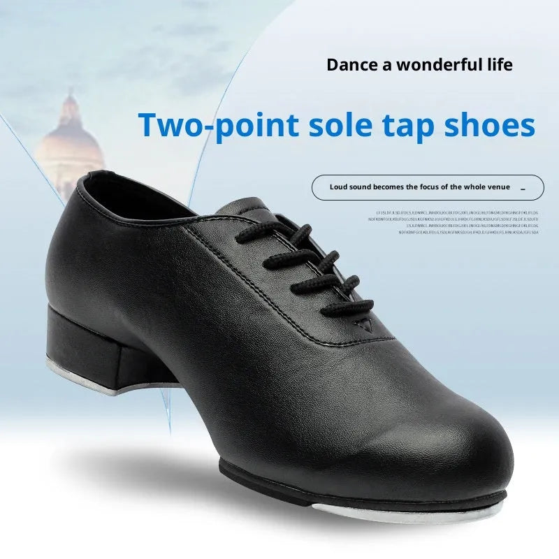 Adult tap dance shoes with leather upper in black, men's style, on a clean background
