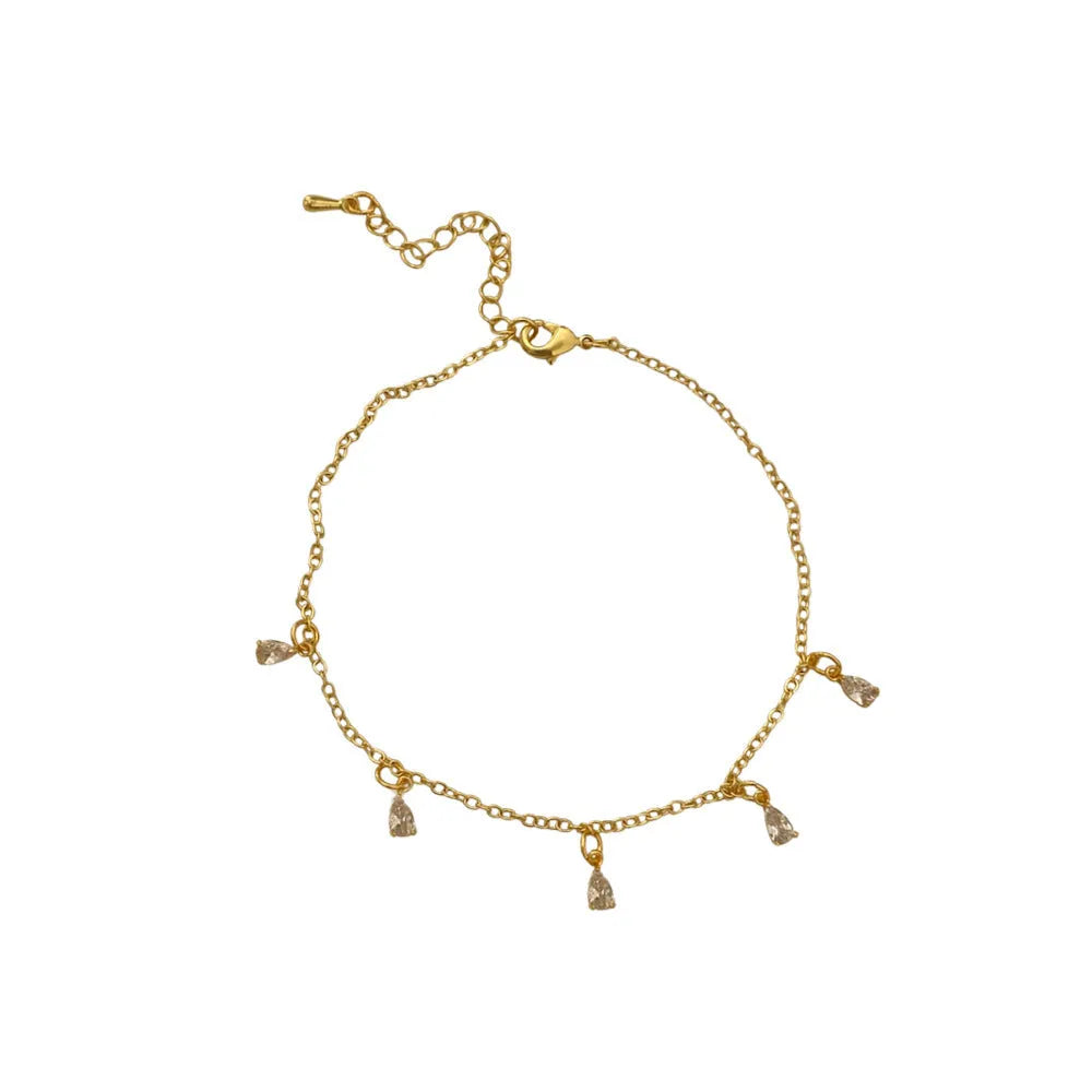 Women's zircon jewellery set showing geometric pendant necklace, matching earrings, and anklet on a white background.