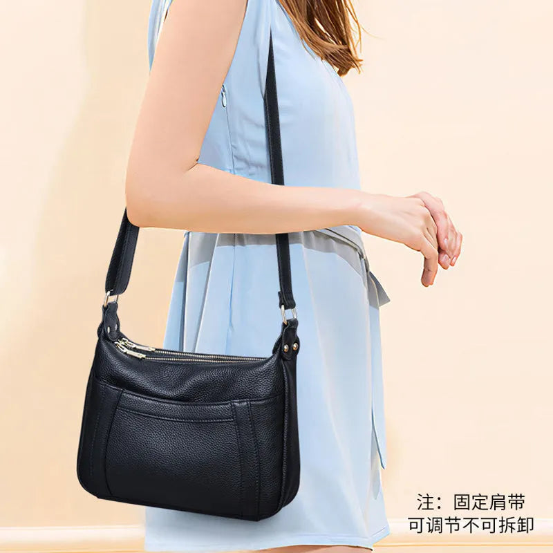 Genuine leather first layer cowhide shoulder bag in black, large size 30x10x19cm