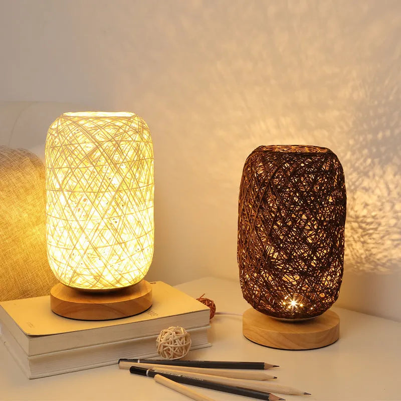 Sepak Takraw twine desk lamp with hemp rope shade and solid wood base