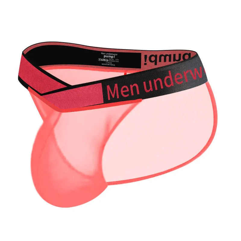 Men's black ice silk nylon briefs with low waist and V-gradient high fork design on a white background.