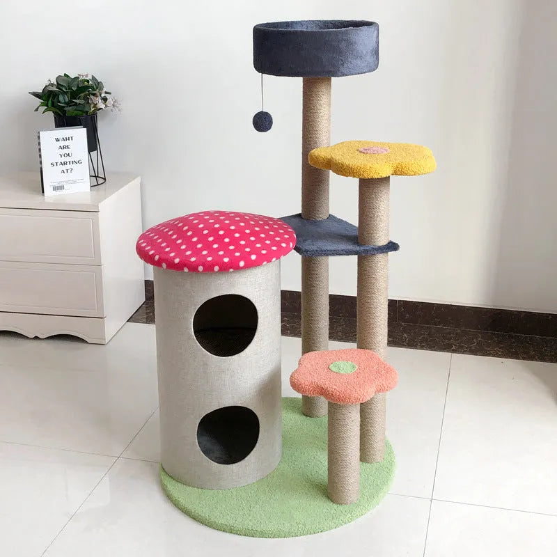 Cat tower with sisal scratching posts, 28 inch stable climbing tree for indoor cats, backrest style