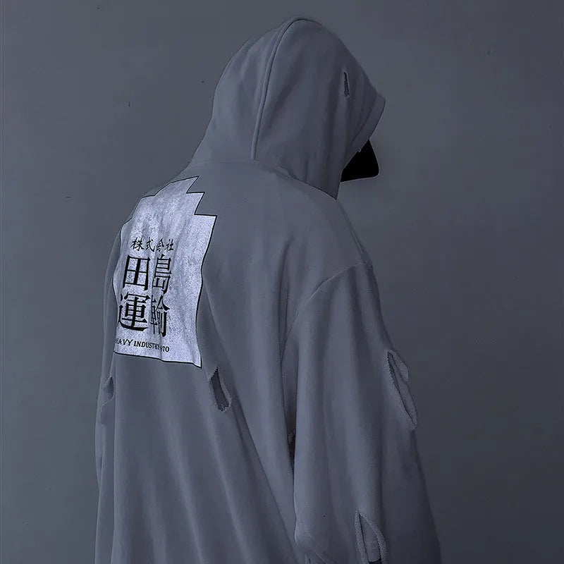 White loose ripped hoodie for men with hooded collar and distressed holes, autumn casual wear