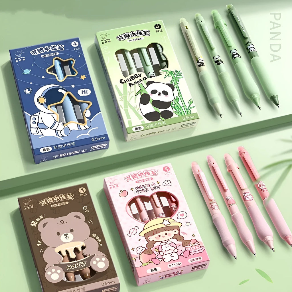 Cartoon-themed erasable gel pen with 0.5mm tip showing character designs and black or blue ink options