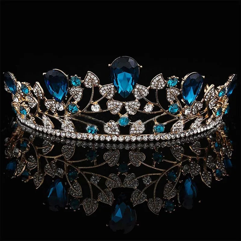 Golden leaves big crown wedding dress accessory with 18K gold finish and rhinestone crystals