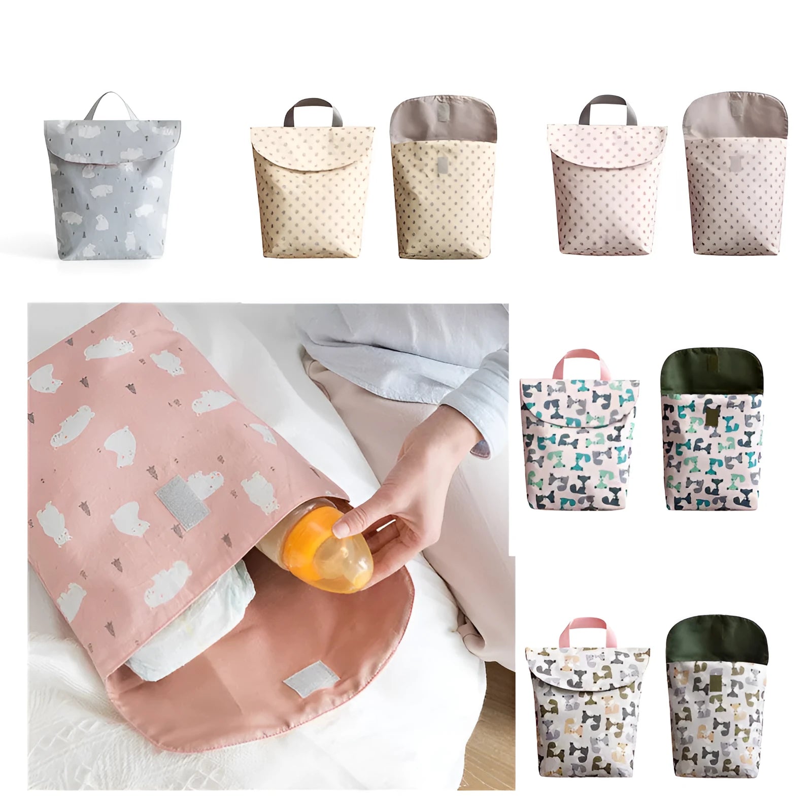 Baby diaper storage bag in grey little fox colour, large size 28.5 x 27.5 cm, made of polyester