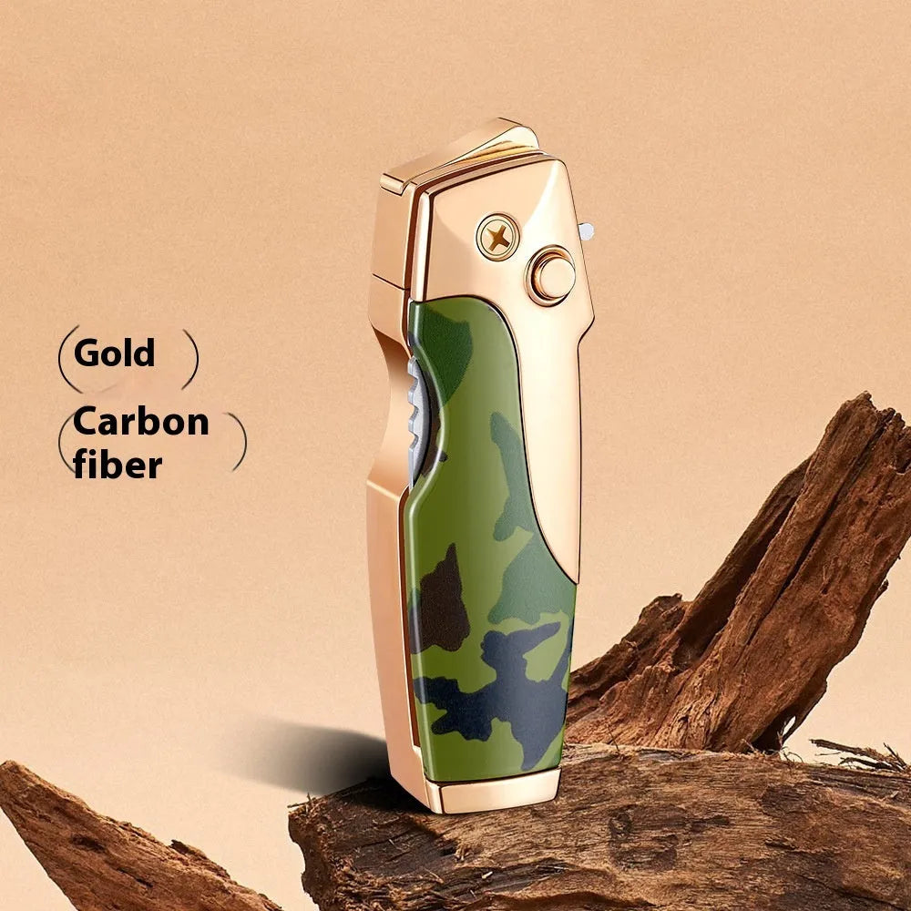 Metal folding lighter with integrated pocket knife tool in a wood grain finish.