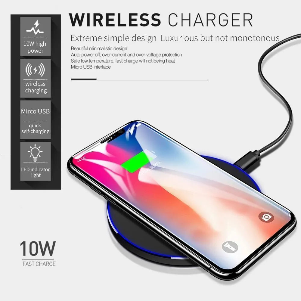 Black square QI wireless charging base measuring 98x98mm with ultra-thin 6.5mm profile