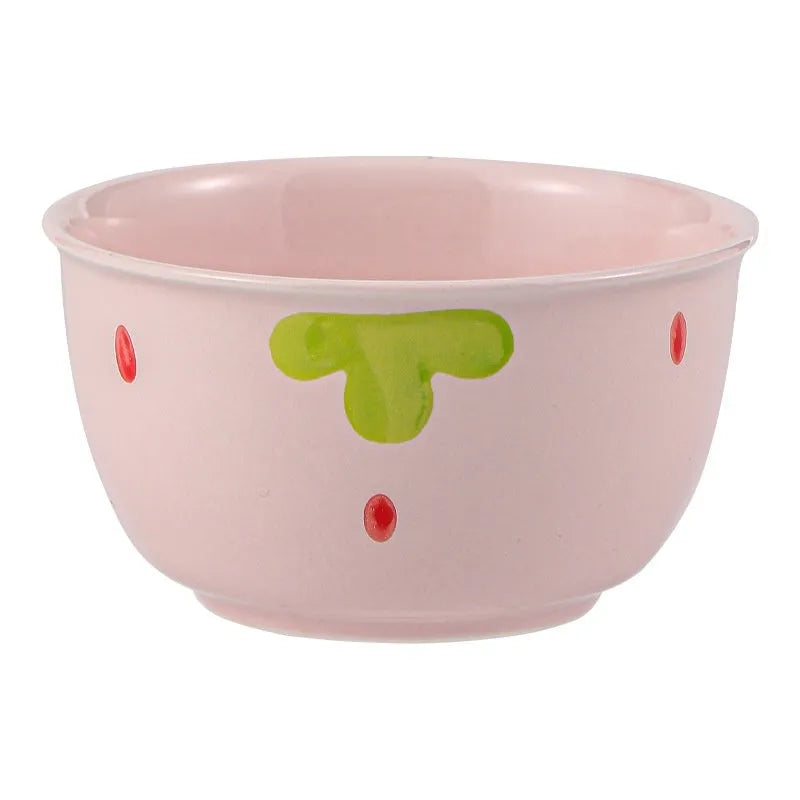 Strawberry pattern ceramic dinnerware set with flower bowls, straw hat plate, and twist spoon