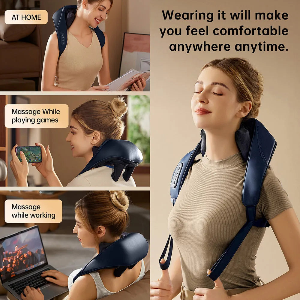Blue electric shoulder massager with 4D kneading and heat therapy controls