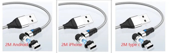 Black magnetic charging cable with LED diamond lamp, showing Android and Type-C magnetic connectors.