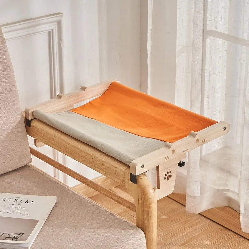 Wooden frame cat hammock bed hanging on a window, suitable for cats and small dogs.