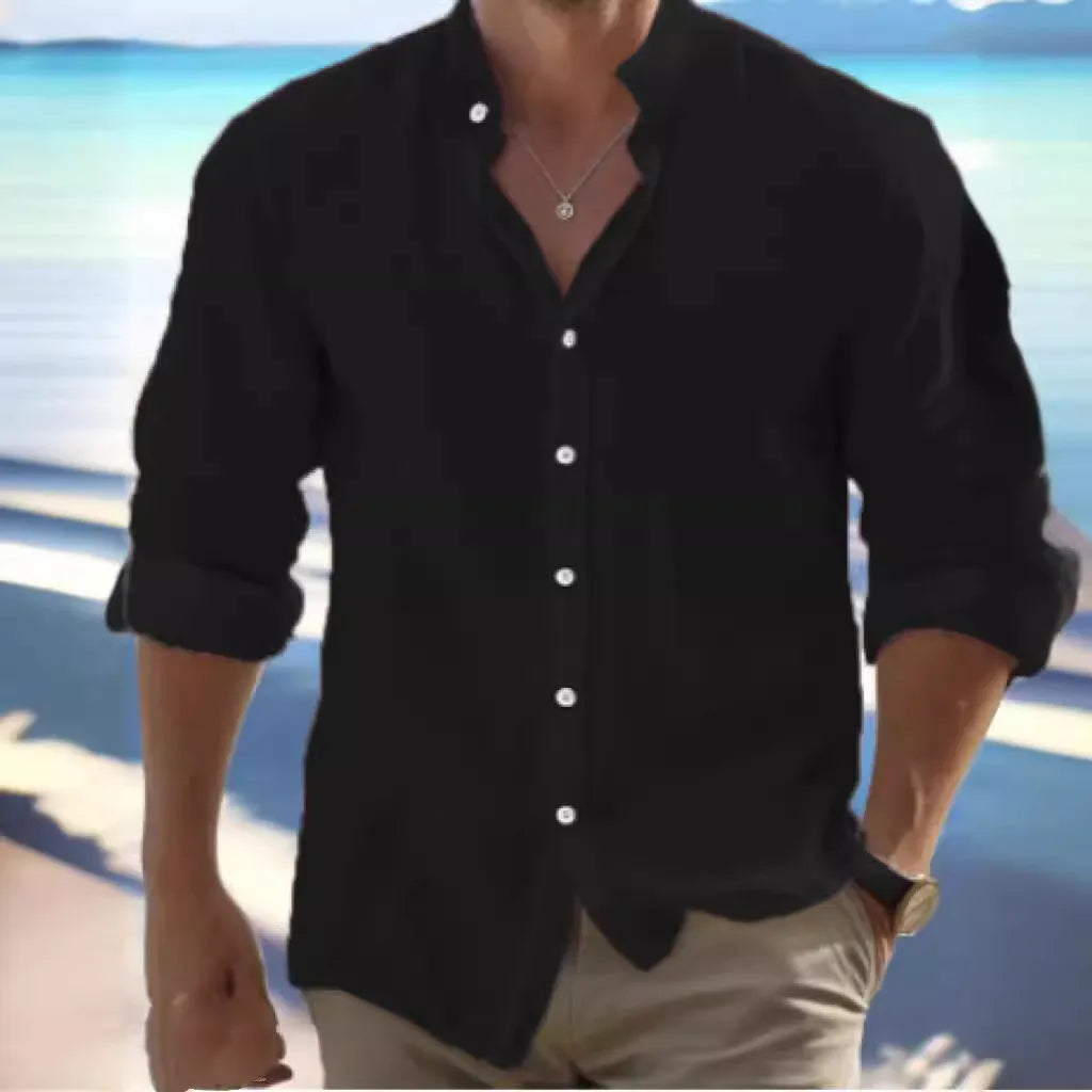 Men's light grey linen pullover shirt made from long-staple cotton for casual summer wear.