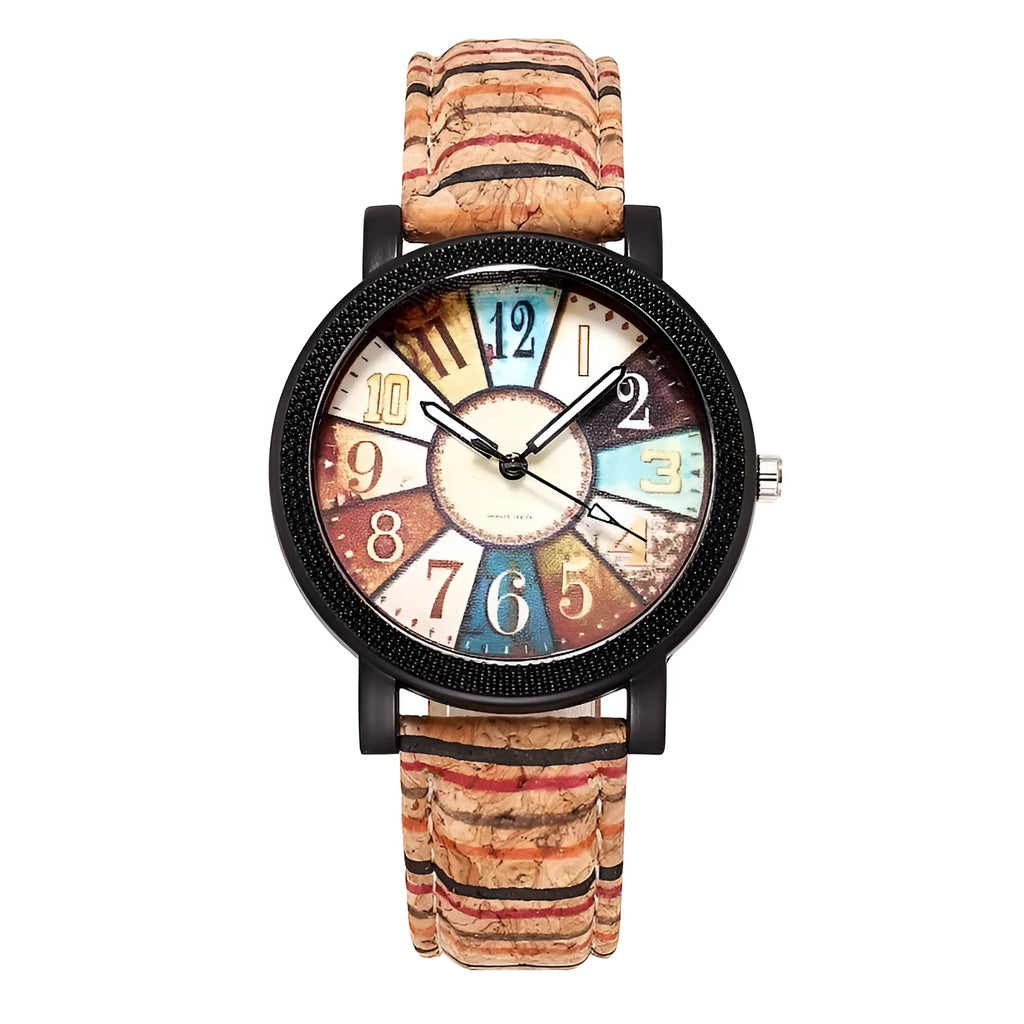 Women's vintage casual quartz watch with brown leather strap and 37mm round dial