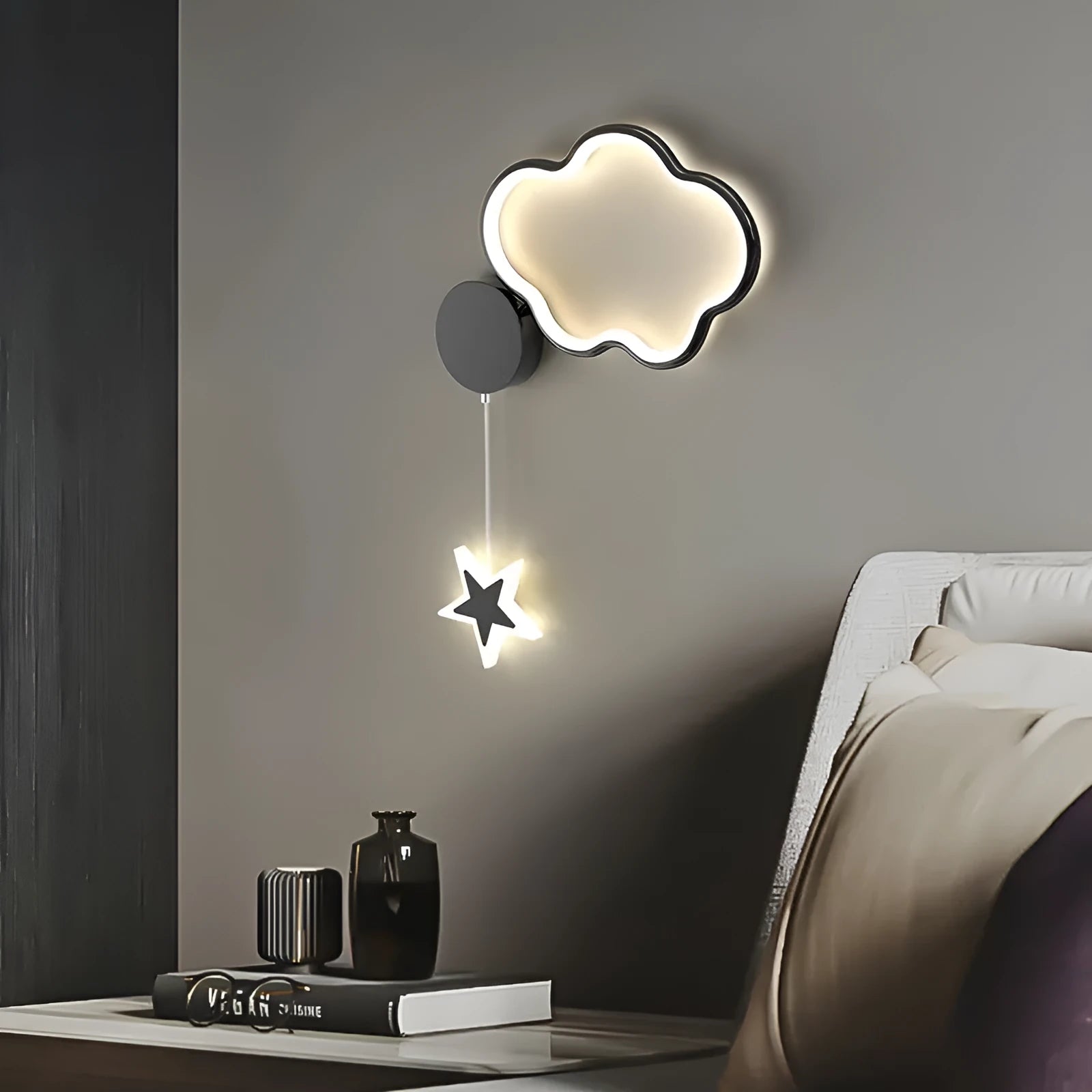 Children's cartoon cloud star wall lamp with LED light in black or white finish