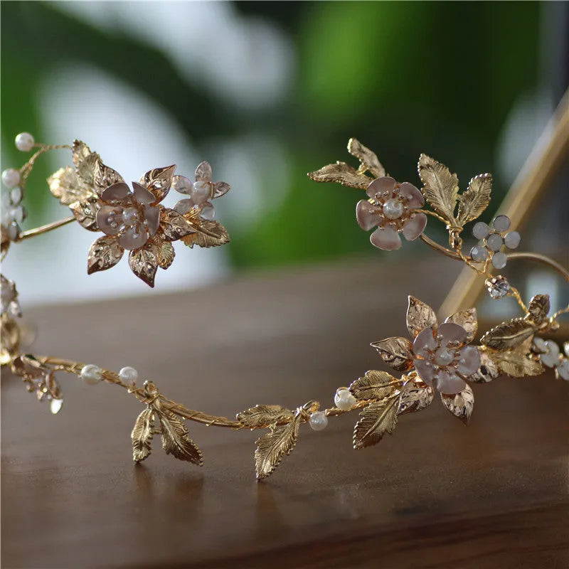 Handmade asymmetric bridal crown in Kc Gold with imitation pearl and rhinestone details
