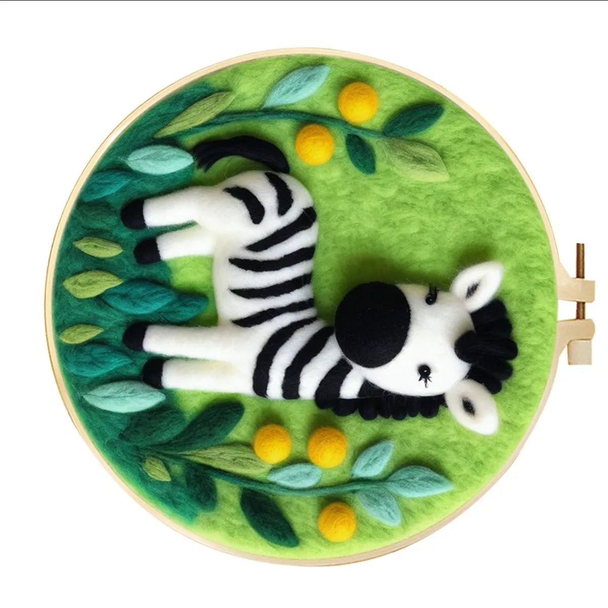 Round 20x20 cm linen embroidery kit with wool felt pieces for floral design and included embroidery frame.