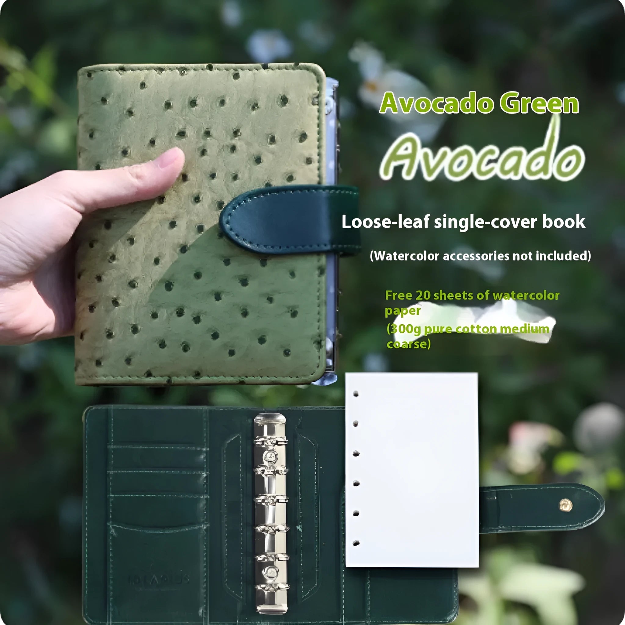 A7 format loose-leaf watercolour sketchbook in avocado green, open to show blank watercolour paper.