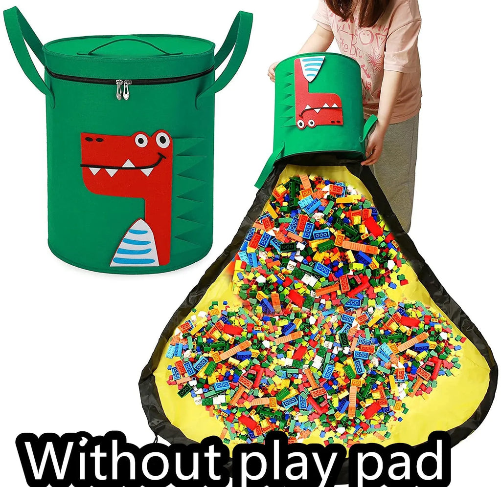 Green felt storage bag cinched closed with pull rope, shown next to it laid flat as a play mat