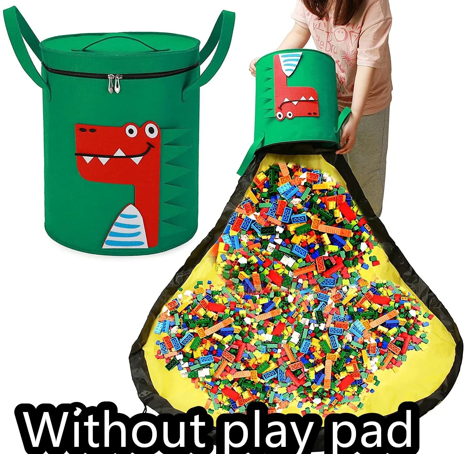 Green felt storage bag cinched closed with pull rope, shown next to it laid flat as a play mat