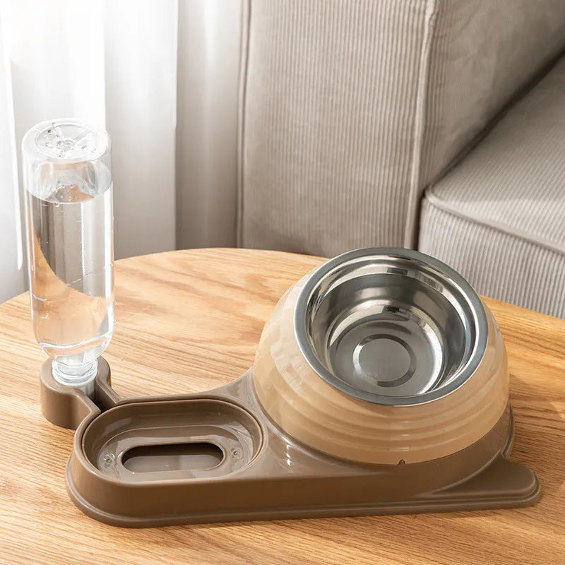 Elevated cat food bowl with water dispenser bottle in brown colour
