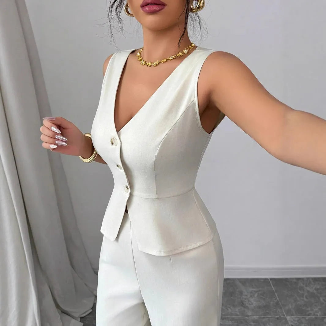 Women's black sleeveless vest and high-waist trousers two-piece casual set