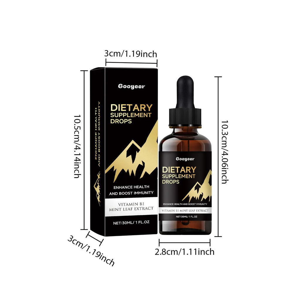Bottle of liquid dietary supplement drops with a pipette dropper for dosage
