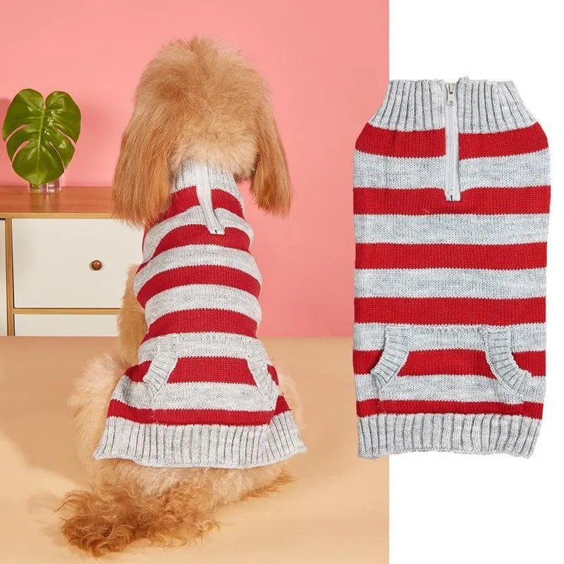 Grey dog sweater with horizontal zipper, button pocket, and contrast colour details for small to medium-sized dogs