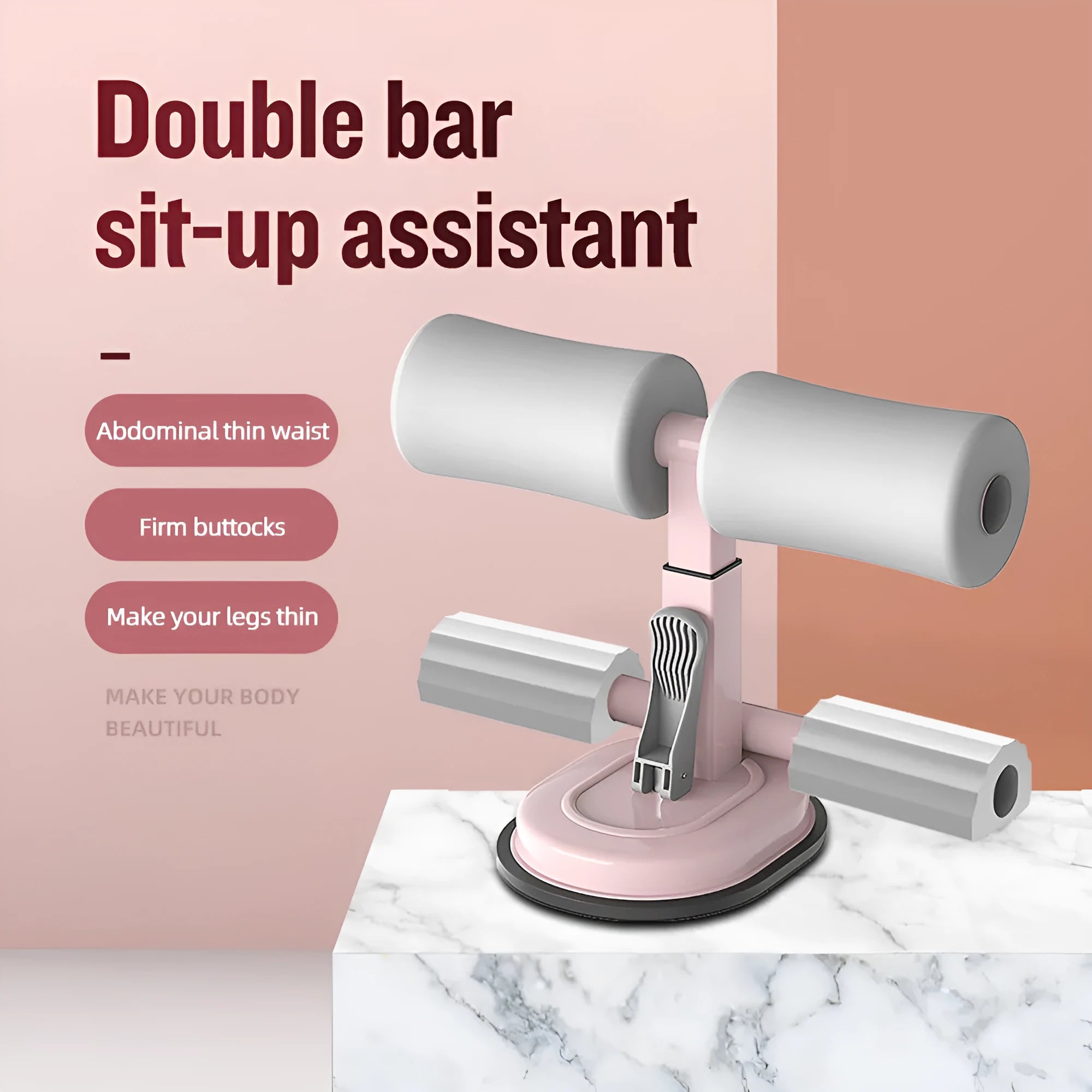 Pink adjustable sit-up bar floor assistant with foam pad and suction base on smooth floor