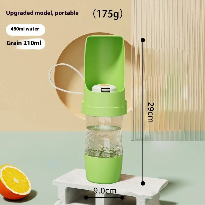 Grey 2-in-1 travel dog water bottle and feeder with lanyard, showing water and food compartments