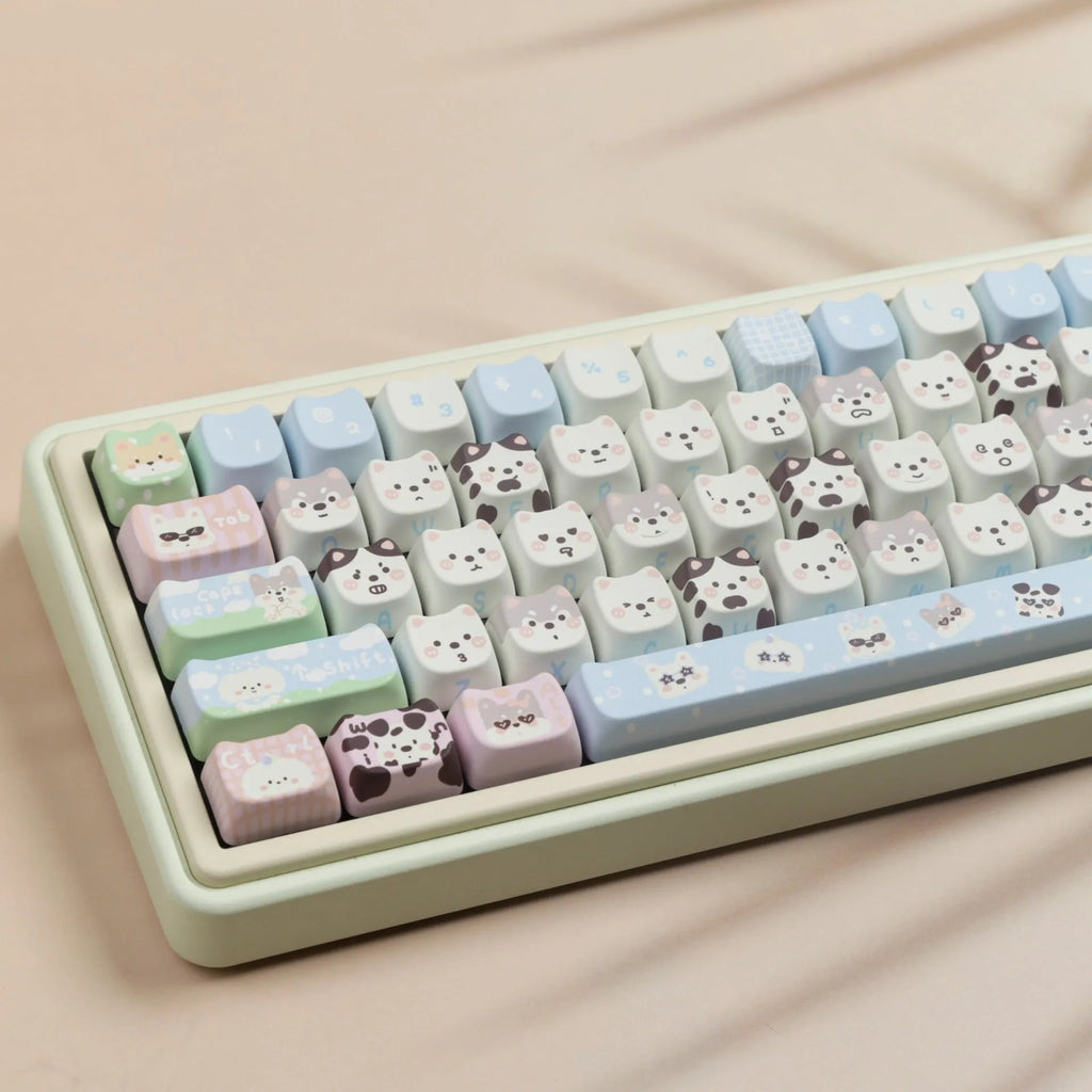 Puppy themed PBT key cap set for mechanical keyboards with full coverage design