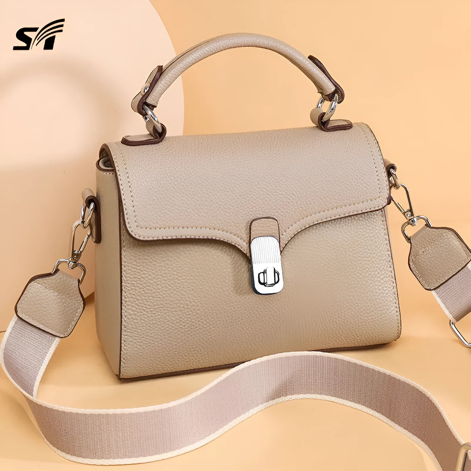 Korean commuter women's portable cross-body bag genuine leather oval shape in black with sandwich pocket