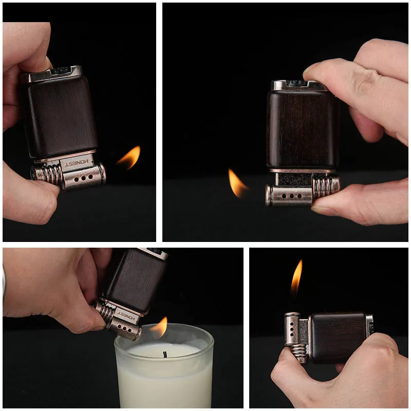 Ebony gas lighter in black wood and rosewood decorative designs