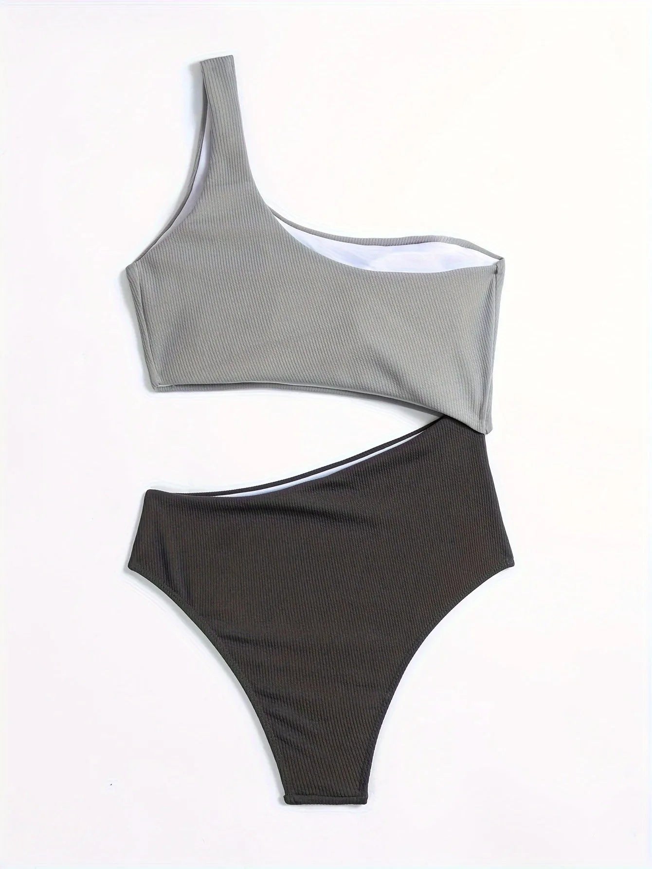 Light grey one-shoulder one-piece swimsuit on a mannequin, solid colour polyester fabric.