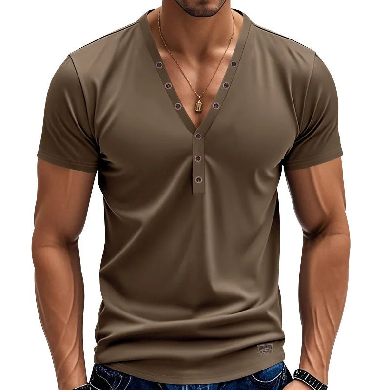 Men's loose V-neck pullover top with button design in light blue colour