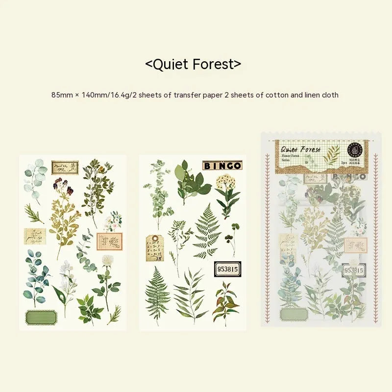 Huazhisen series printable sticker pack with forest and floral art designs on 85mm by 180mm sheets.