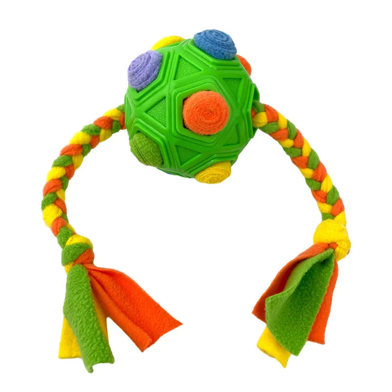 TPE sniffing ball dog puzzle toy showing textured surface with openings for treat dispensing