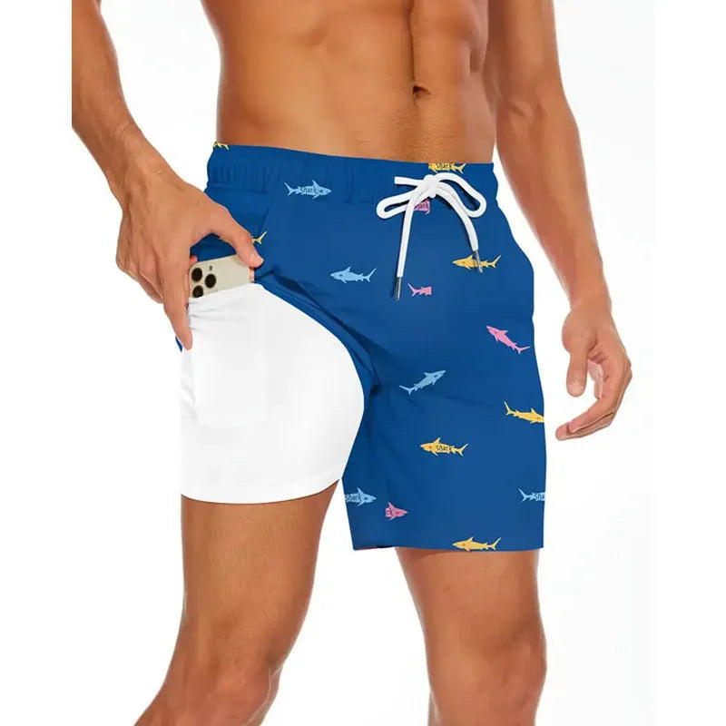 Men's loose-fit polyester beach shorts in a plus size on a neutral background