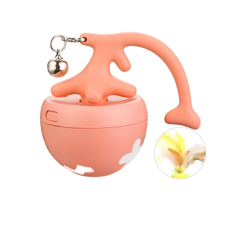 USB electric cat teasing ball with fish bone-shaped roller and replaceable teasing stick in blue, pink, and yellow colours