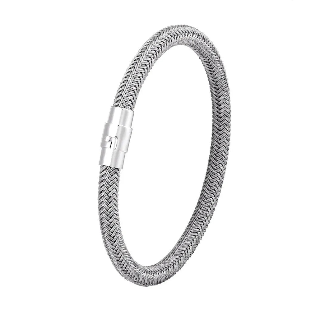 Men's titanium steel geometric wire bracelet with a magnetic clasp, shown in a silver finish.