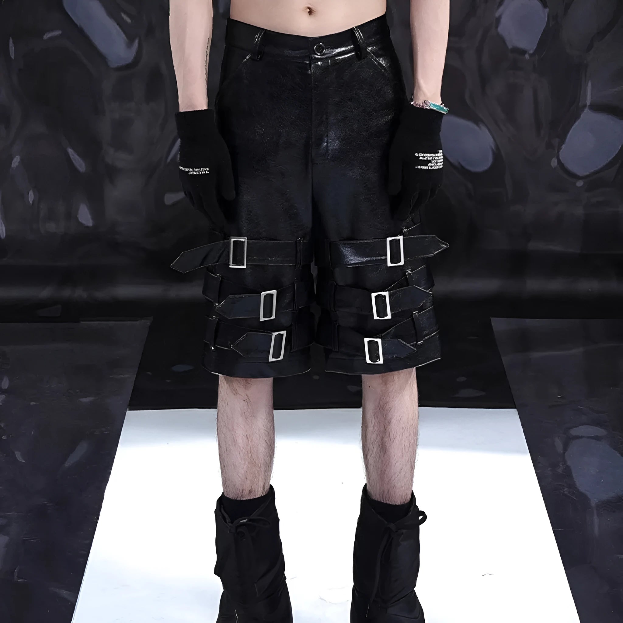 Black men's spandex leather-look shorts with a cropped, casual fit and medium-low waist.