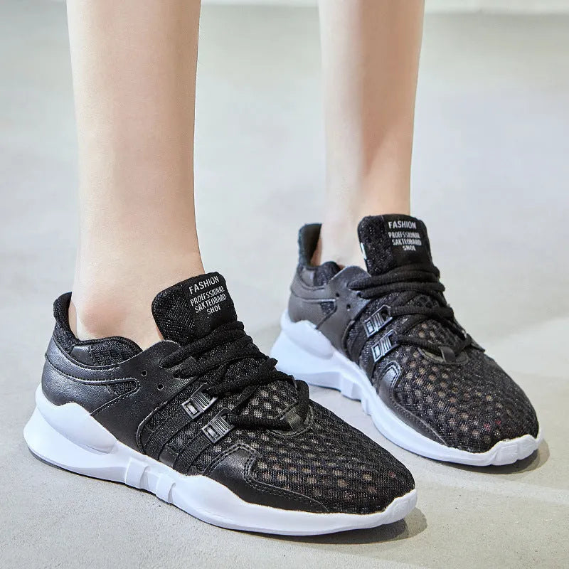 Men's low-top casual sneakers with hollow white mesh upper and round toe on a flat EVA sole.